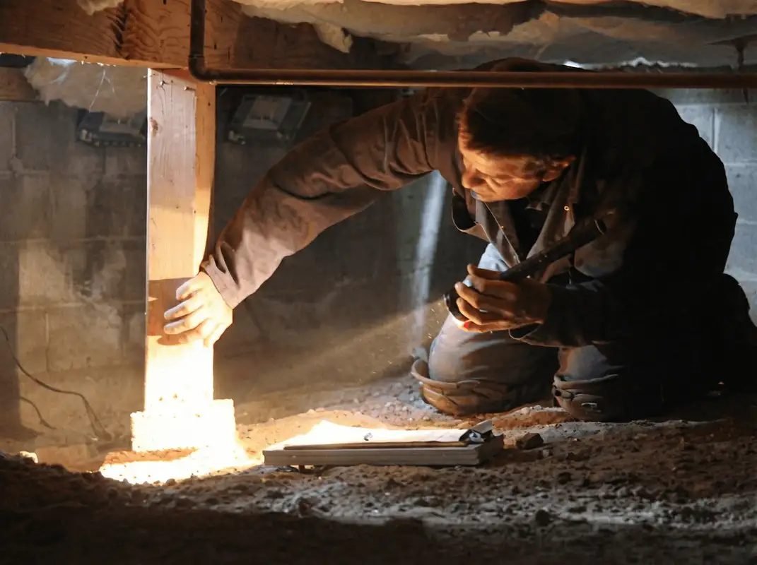 A professional inspecting wooden beams under the floor of a structure in Orlando, FL